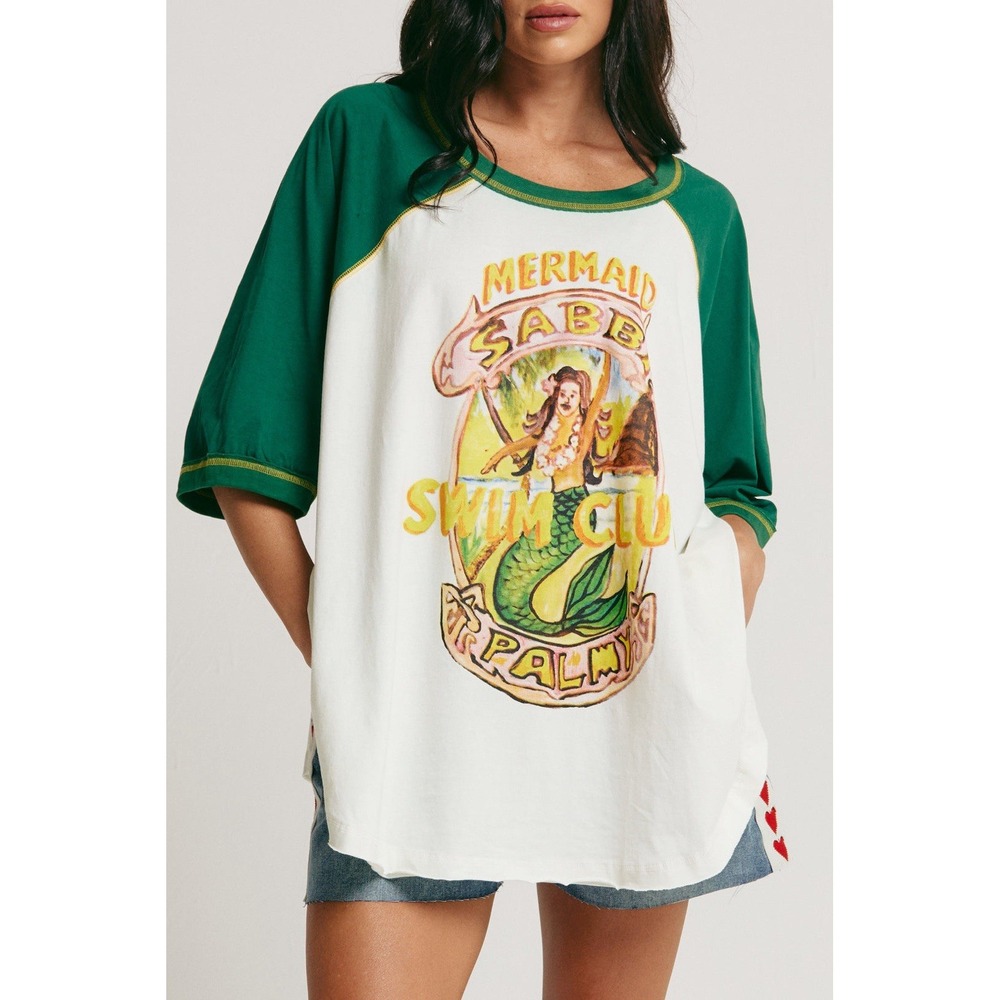 NWT Sabbi Mermaid Swim club Retro Raglan Tee Shirt Large/L  Mermaids Are Real